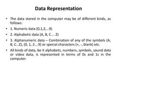 Data Representation
• The data stored in the computer may be of different kinds, as
follows:
• 1. Numeric data (0,1,2,…9)
• 2. Alphabetic data (A, B, C…. Z)
• 3. Alphanumeric data – Combination of any of the symbols (A,
B, C…Z), (0, 1, 2….9) or special characters (+, -, blank) etc.
• All kinds of data, be it alphabets, numbers, symbols, sound data
or video data, is represented in terms of 0s and 1s in the
computer.
 