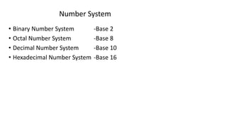 Number System
• Binary Number System -Base 2
• Octal Number System -Base 8
• Decimal Number System -Base 10
• Hexadecimal Number System -Base 16
 