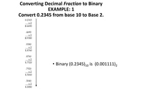 Converting Decimal Fraction to Binary
EXAMPLE: 1
Convert 0.2345 from base 10 to Base 2.
• Binary (0.2345)10 is (0.001111)2
 