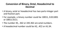 Conversion of Binary, Octal, Hexadecimal to
Decimal
• A binary, octal or hexadecimal has two parts-Integer part
and fraction part.
• For example, a binary number could be 10011, 0.011001
or 10011.0111.
• The number 45, .362 or 245.362 are octal numbers.
• A hexadecimal number could be A2, .4C2 or A1.34.
 