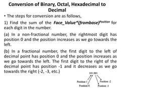 Conversion of Binary, Octal, Hexadecimal to
Decimal
• The steps for conversion are as follows,
1) Find the sum of the Face_Value*(frombase)Position for
each digit in the number.
(a) In a non-fractional number, the rightmost digit has
position 0 and the position increases as we go towards the
left.
(b) In a fractional number, the first digit to the left of
decimal point has position 0 and the position increases as
we go towards the left. The first digit to the right of the
decimal point has position -1 and it decreases as we go
towards the right (-2, -3, etc.)
 