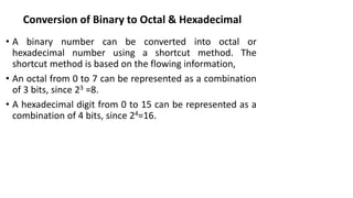 Conversion of Binary to Octal & Hexadecimal
• A binary number can be converted into octal or
hexadecimal number using a shortcut method. The
shortcut method is based on the flowing information,
• An octal from 0 to 7 can be represented as a combination
of 3 bits, since 23 =8.
• A hexadecimal digit from 0 to 15 can be represented as a
combination of 4 bits, since 24=16.
 