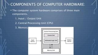 COMPONENTS OF COMPUTER HARDWARE:
• The computer system hardware comprises of three main
components.
1. Input / Output Unit
2. Central Processing Unit (CPU)
3. Memory Unit
 