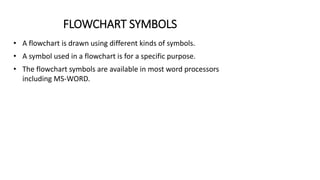 FLOWCHART SYMBOLS
• A flowchart is drawn using different kinds of symbols.
• A symbol used in a flowchart is for a specific purpose.
• The flowchart symbols are available in most word processors
including MS-WORD.
 