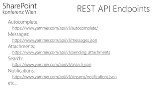 REST API Endpoints
Autocomplete:
https://www.yammer.com/api/v1/autocomplete/
Messages:
https://www.yammer.com/api/v1/messages.json
Attachments:
https://www.yammer.com/api/v1/pending_attachments
Search:
https://www.yammer.com/api/v1/search.json
Notifications:
https://www.yammer.com/api/v1/streams/notifications.json
etc…
 