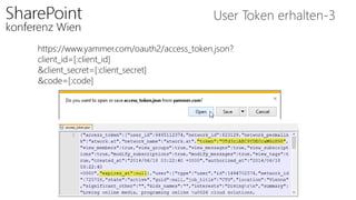 User Token erhalten-3
https://www.yammer.com/oauth2/access_token.json?
client_id=[:client_id]
&client_secret=[:client_secret]
&code=[:code]
 