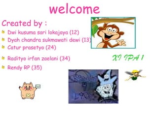 welcome
Created by :
Dwi kusuma sari lokajaya (12)
Dyah chandra sukmawati dewi (13)
Catur prasetyo (24)
Radityo irfan zaelani (34) XI IPA 1
Rendy RP (35)
 