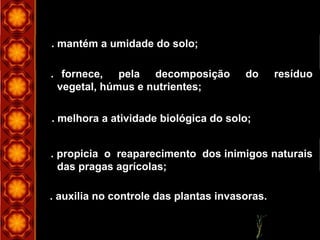 . propicia o reaparecimento dos inimigos naturais
das pragas agrícolas;
. auxilia no controle das plantas invasoras.
. melhora a atividade biológica do solo;
. mantém a umidade do solo;
. fornece, pela decomposição do resíduo
vegetal, húmus e nutrientes;
 
