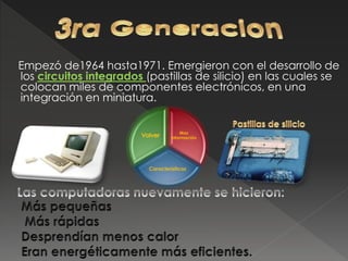 Empezó de1964 hasta1971. Emergieron con el desarrollo de
los circuitos integrados (pastillas de silicio) en las cuales se
colocan miles de componentes electrónicos, en una
integración en miniatura.
Mas
información
Características
 