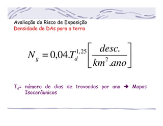 Avaliação do Risco de Exposição
Densidade de DAs para a terra




=
anokm
desc
TN dg
.
.
.04,0 2
25,1
Td= número de dias de trovoadas por ano Mapas
.........Isocerâunicos
 