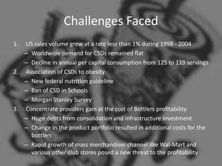 Challenges Faced
1. US sales volume grew at a rate less than 1% during 1998 - 2004
   – Worldwide demand for CSDs remained flat
   – Decline in annual per capital consumption from 125 to 119 servings
2. Association of CSDs to obesity
   – New federal nutrition guideline
   – Ban of CSD in Schools
   – Morgan Stanley Survey
3. Concentrate providers gain at the cost of Bottlers profitability
   – Huge debts from consolidation and infrastructure investment
   – Change in the product portfolio resulted in additional costs for the
     bottlers
   – Rapid growth of mass merchandiser channel like Wal-Mart and
     various other club stores posed a new threat to the profitability
 