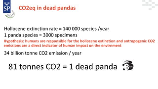 CO2eq in dead pandas
81 tonnes CO2 = 1 dead panda
Hollocene extinction rate = 140 000 species /year
1 panda species = 3000 specimens
Hypothesis: humans are responsible for the hollocene extinction and antropogenic CO2
emissions are a direct indicator of human impact on the envirnment
34 billion tonne CO2 emission / year
 