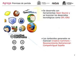 Agrega   Premisas de partida Se desarrolla con herramientas  Open Source y  se licencian los desarrollos tecnológicos como  GPL-GNU Los contenidos generados se licencian  Creative Commons -  Reconocimiento-NoComercial-CompartirIgual España  