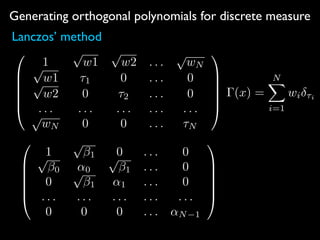 Generating orthogonal polynomials for discrete measure
Lanczos’ method
0
B
B
B
B
@
1
p
w1
p
w2 . . .
p
wNp
w1 ⌧1 0 . . . 0p
w2 0 ⌧2 . . . 0
. . . . . . . . . . . . . . .
p
wN 0 0 . . . ⌧N
1
C
C
C
C
A
0
B
B
B
B
@
1
p
1 0 . . . 0p
0 ↵0
p
1 . . . 0
0
p
1 ↵1 . . . 0
. . . . . . . . . . . . . . .
0 0 0 . . . ↵N 1
1
C
C
C
C
A
(x) =
NX
i=1
wi ⌧i
 