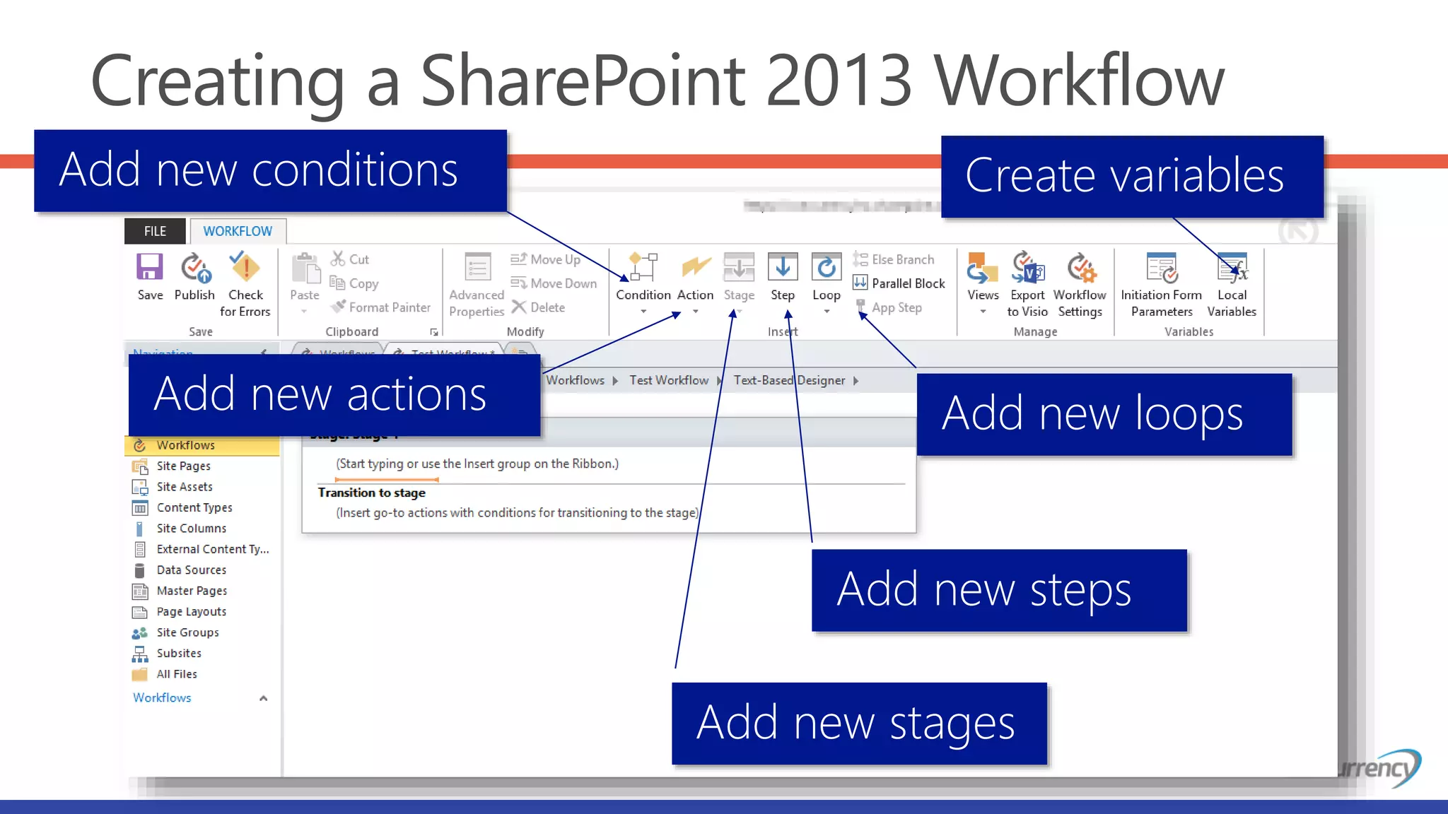 Creating a SharePoint 2013 Workflow
Add new conditions
Add new actions Add new loops
Create variables
Add new steps
Add new stages
 