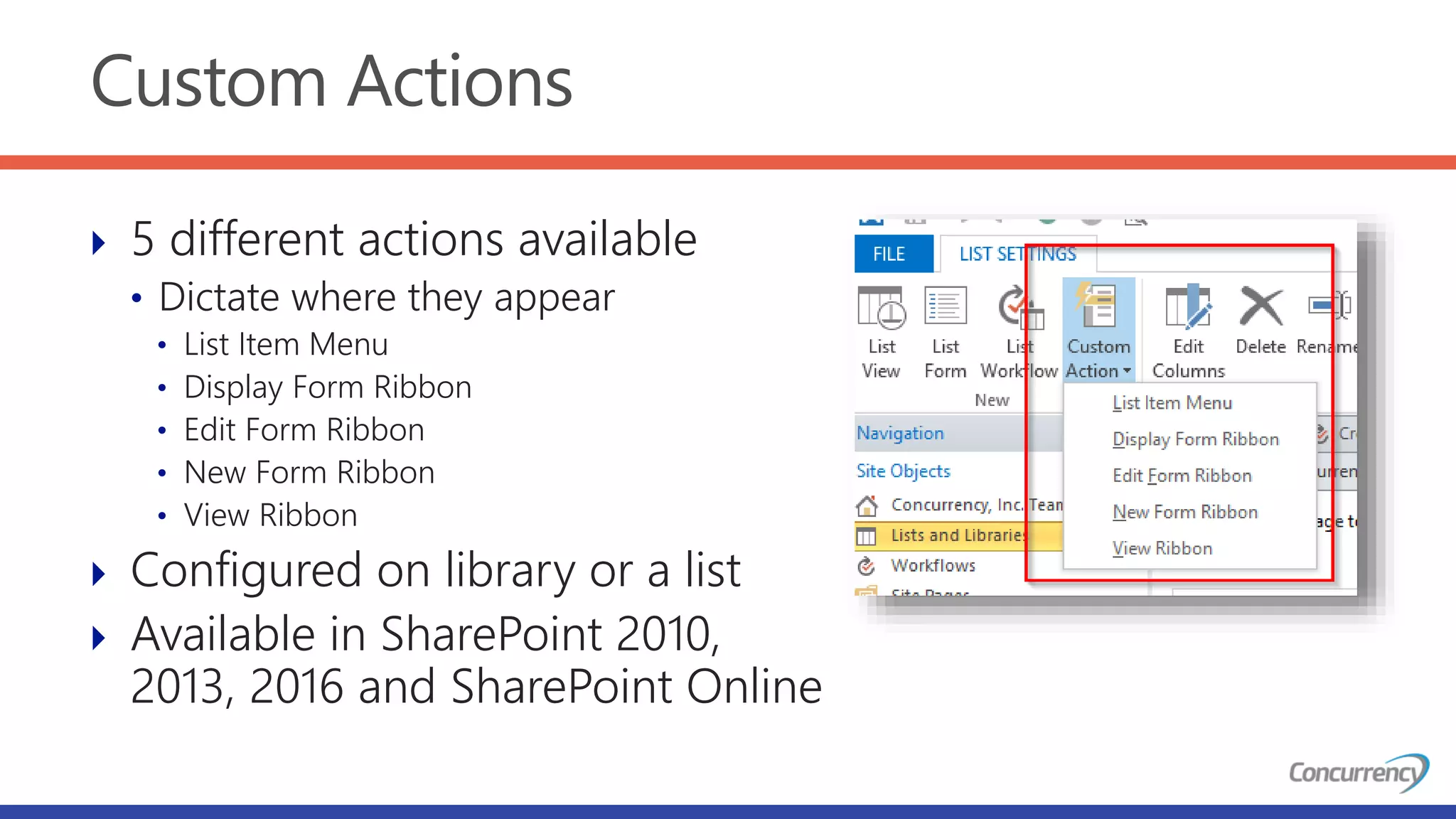 Custom Actions
 5 different actions available
• Dictate where they appear
• List Item Menu
• Display Form Ribbon
• Edit Form Ribbon
• New Form Ribbon
• View Ribbon
 Configured on library or a list
 Available in SharePoint 2010,
2013, 2016 and SharePoint Online
 