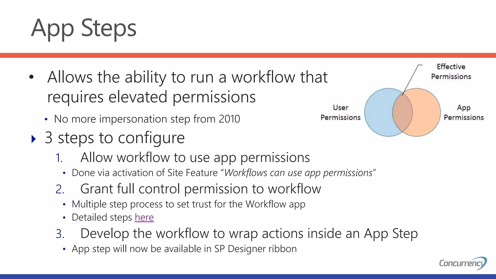 App Steps
• No more impersonation step from 2010
 3 steps to configure
1. Allow workflow to use app permissions
• Done via activation of Site Feature “Workflows can use app permissions”
2. Grant full control permission to workflow
• Multiple step process to set trust for the Workflow app
• Detailed steps here
3. Develop the workflow to wrap actions inside an App Step
• App step will now be available in SP Designer ribbon
• Allows the ability to run a workflow that
requires elevated permissions
 