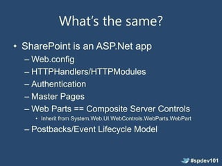 What’s the same?
• SharePoint is an ASP.Net app
  – Web.config
  – HTTPHandlers/HTTPModules
  – Authentication
  – Master Pages
  – Web Parts == Composite Server Controls
    • Inherit from System.Web.UI.WebControls.WebParts.WebPart

  – Postbacks/Event Lifecycle Model


                                                            #spdev101
 
