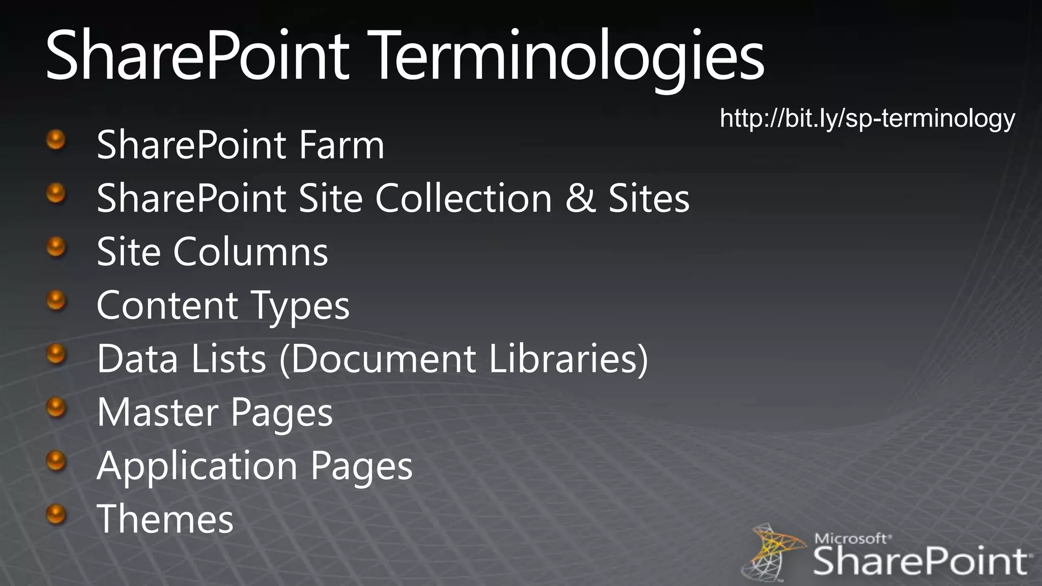 SharePoint Terminologieshttp://bit.ly/sp-terminologySharePoint FarmSharePoint Site Collection & SitesSite ColumnsContent TypesData Lists (Document Libraries)Master PagesApplication PagesThemes