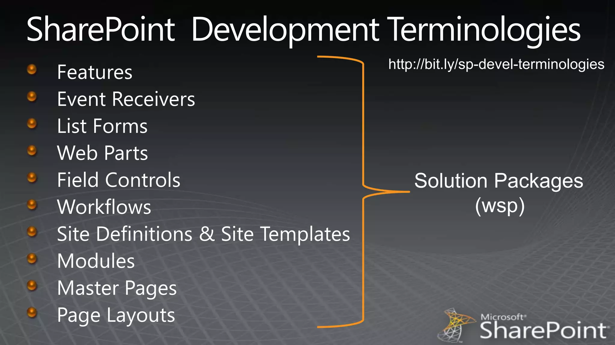 SharePoint  Development Terminologieshttp://bit.ly/sp-devel-terminologiesFeaturesEvent ReceiversList FormsWeb PartsField ControlsWorkflowsSite Definitions & Site TemplatesModulesMaster PagesPage LayoutsSolution Packages(wsp)