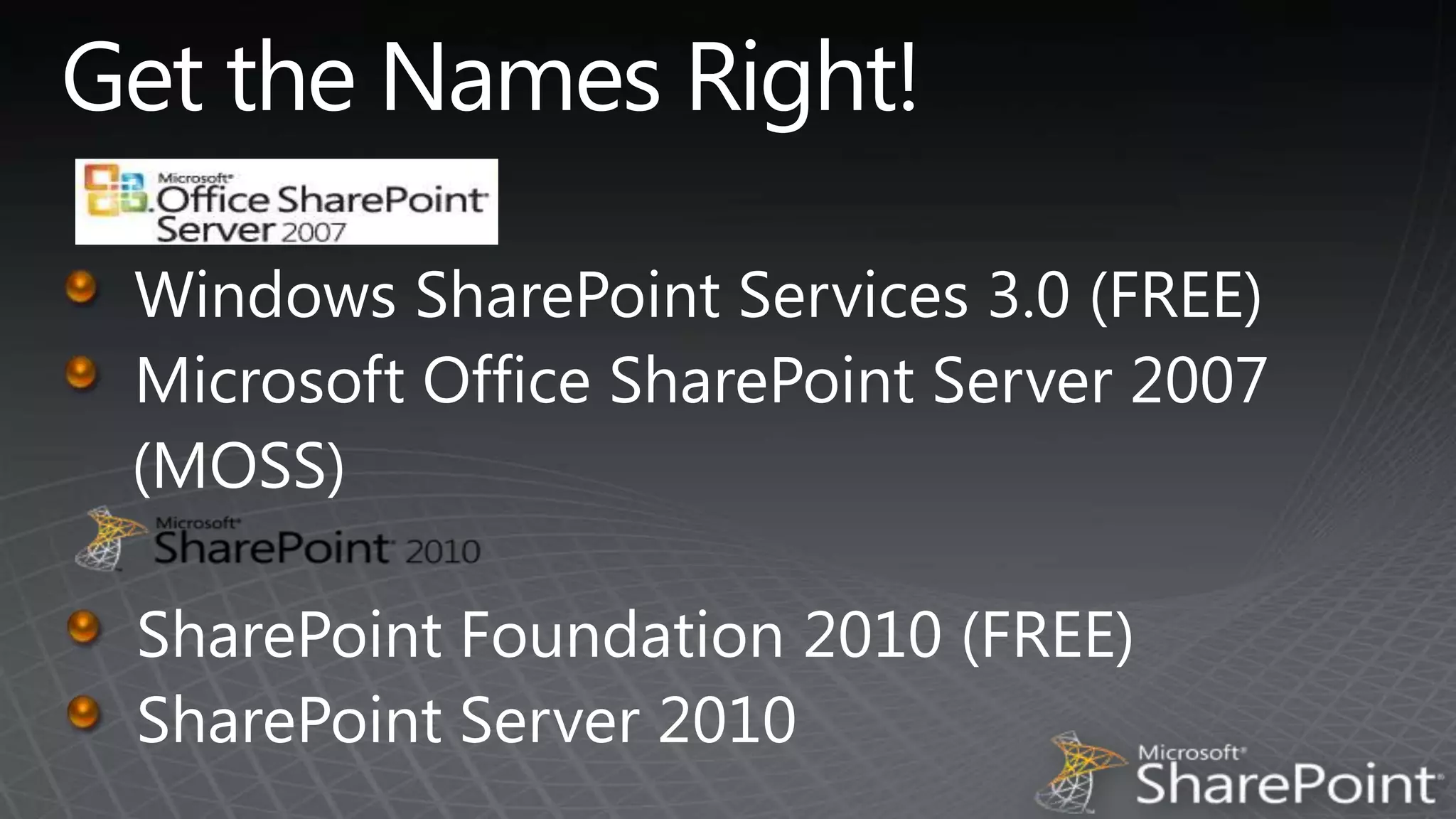 Get the Names Right!Windows SharePoint Services 3.0 (FREE)Microsoft Office SharePoint Server 2007   (MOSS)SharePoint Foundation 2010 (FREE)SharePoint Server 2010