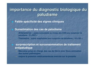 importance du diagnostic biologique duimportance du diagnostic biologique du
paludismepaludisme
Faible spécificité des signes cliniques
Surestimation des cas de paludisme
Antananarivo : sujets consultants au niveau des CSB pour suspicion de
paludisme : 2% RDT +
Toamasina : sujets hospitalisés pour suspicion de paludisme : 10% GE +
surprescription et surconsommation de traitement
antipaludique
Mauvaise prise en charge des cas de fièvre avec Sous estimation
des autres pathologies
majore la pression médicamenteuse exercée sur le parasite
 