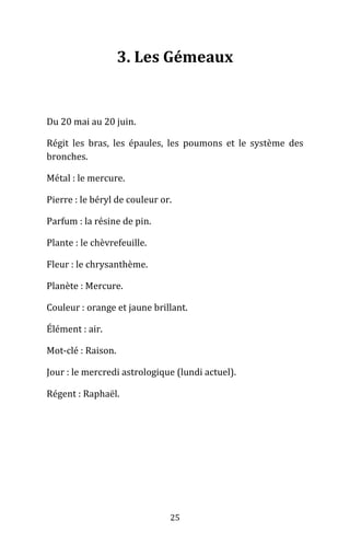 25
3. Les Gémeaux
Du 20 mai au 20 juin.
Régit les bras, les épaules, les poumons et le système des
bronches.
Métal : le mercure.
Pierre : le béryl de couleur or.
Parfum : la résine de pin.
Plante : le chèvrefeuille.
Fleur : le chrysanthème.
Planète : Mercure.
Couleur : orange et jaune brillant.
Élément : air.
Mot-clé : Raison.
Jour : le mercredi astrologique (lundi actuel).
Régent : Raphaël.
 