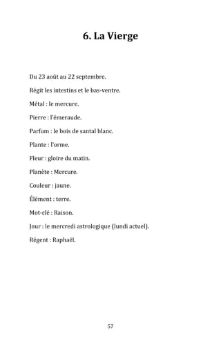 57
6. La Vierge
Du 23 août au 22 septembre.
Régit les intestins et le bas-ventre.
Métal : le mercure.
Pierre : l’émeraude.
Parfum : le bois de santal blanc.
Plante : l’orme.
Fleur : gloire du matin.
Planète : Mercure.
Couleur : jaune.
Élément : terre.
Mot-clé : Raison.
Jour : le mercredi astrologique (lundi actuel).
Régent : Raphaël.
 