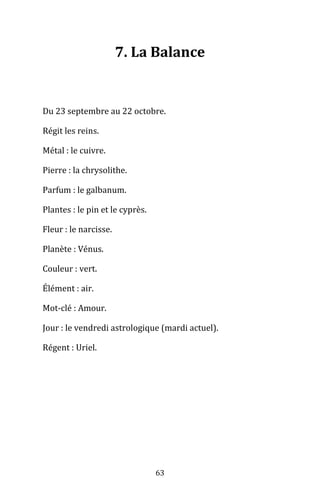 63
7. La Balance
Du 23 septembre au 22 octobre.
Régit les reins.
Métal : le cuivre.
Pierre : la chrysolithe.
Parfum : le galbanum.
Plantes : le pin et le cyprès.
Fleur : le narcisse.
Planète : Vénus.
Couleur : vert.
Élément : air.
Mot-clé : Amour.
Jour : le vendredi astrologique (mardi actuel).
Régent : Uriel.
 