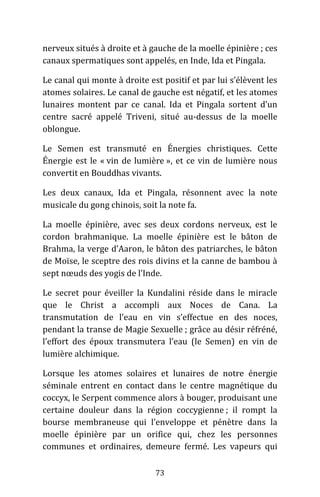 73
nerveux situés à droite et à gauche de la moelle épinière ; ces
canaux spermatiques sont appelés, en Inde, Ida et Pingala.
Le canal qui monte à droite est positif et par lui s’élèvent les
atomes solaires. Le canal de gauche est négatif, et les atomes
lunaires montent par ce canal. Ida et Pingala sortent d’un
centre sacré appelé Triveni, situé au-dessus de la moelle
oblongue.
Le Semen est transmuté en Énergies christiques. Cette
Énergie est le « vin de lumière », et ce vin de lumière nous
convertit en Bouddhas vivants.
Les deux canaux, Ida et Pingala, résonnent avec la note
musicale du gong chinois, soit la note fa.
La moelle épinière, avec ses deux cordons nerveux, est le
cordon brahmanique. La moelle épinière est le bâton de
Brahma, la verge d’Aaron, le bâton des patriarches, le bâton
de Moïse, le sceptre des rois divins et la canne de bambou à
sept nœuds des yogis de l’Inde.
Le secret pour éveiller la Kundalini réside dans le miracle
que le Christ a accompli aux Noces de Cana. La
transmutation de l’eau en vin s’effectue en des noces,
pendant la transe de Magie Sexuelle ; grâce au désir réfréné,
l’effort des époux transmutera l’eau (le Semen) en vin de
lumière alchimique.
Lorsque les atomes solaires et lunaires de notre énergie
séminale entrent en contact dans le centre magnétique du
coccyx, le Serpent commence alors à bouger, produisant une
certaine douleur dans la région coccygienne ; il rompt la
bourse membraneuse qui l’enveloppe et pénètre dans la
moelle épinière par un orifice qui, chez les personnes
communes et ordinaires, demeure fermé. Les vapeurs qui
 