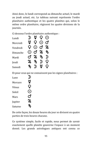 95
Ainsi donc, le lundi correspond au dimanche actuel, le mardi
au jeudi actuel, etc. Le tableau suivant représente l’ordre
planétaire authentique et les quatre planètes qui, selon le
même ordre planétaire, régissent les quatre divisions de la
journée.
Ci dessous l’ordre planétaire authentique :
Lundi    
Mercredi    
Vendredi    
Dimanche    
Mardi    
Jeudi    
Samedi    
Et pour ceux qui ne connaissent pas les signes planétaires :
Lune 
Mercure 
Vénus 
Soleil 
Mars 
Jupiter 
Saturne 
De cette façon, les douze heures du jour se divisent en quatre
parties de trois heures chacune.
Ce système simple, facile et rapide, nous permet de savoir
exactement quelle planète gouverne l’espace à un moment
donné. Les grands astrologues antiques ont connu ce
 