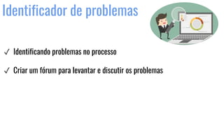 Identificador de problemas
✓ Identificando problemas no processo
✓ Criar um fórum para levantar e discutir os problemas
 