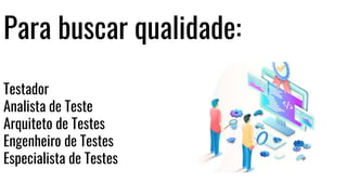 Para buscar qualidade:
Testador
Analista de Teste
Arquiteto de Testes
Engenheiro de Testes
Especialista de Testes
 