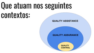 Que atuam nos seguintes
contextos:
QUALITY
CONTROL
QUALITY ASSISTANCE
QUALITY ASSURANCE
 