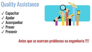 Quality Assistance
✓ Capacitar
✓ Ajudar
✓ Acompanhar
✓ Prever
✓ Prevenir
Antes que se ocorram problemas na engenharia !!!!!
 