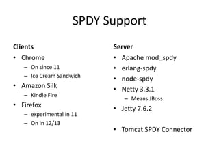 SPDY Support
Clients                    Server
• Chrome                   • Apache mod_spdy
   – On since 11           • erlang-spdy
   – Ice Cream Sandwich
                           • node-spdy
• Amazon Silk              • Netty 3.3.1
   – Kindle Fire
                              – Means JBoss
• Firefox                  • Jetty 7.6.2
   – experimental in 11
   – On in 12/13
                           • Tomcat SPDY Connector
 