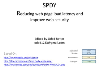 SPDY
          Reducing web page load latency and
                      improve web security



                          Edited by Oded Rotter
                          oded1233@gmail.com


Based On:
http://en.wikipedia.org/wiki/SPDY
http://dev.chromium.org/spdy/spdy-whitepaper
http://www.scribd.com/doc/51606190/SPDY-PROTOCOL-ppt
 