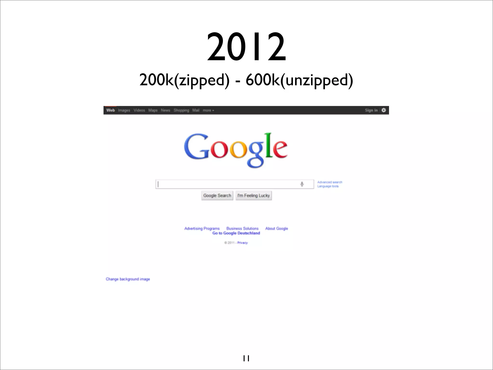 2012
200k(zipped) - 600k(unzipped)




             11
 