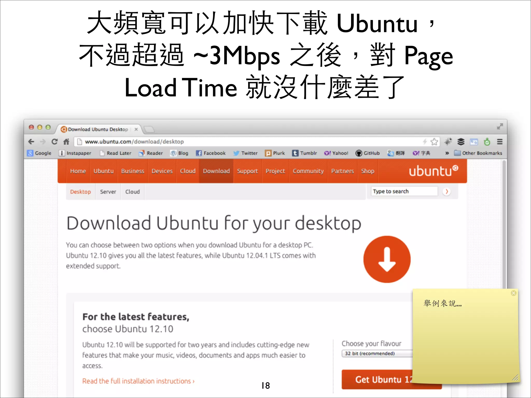 ⼤大頻寬可以加快下載 Ubuntu，
不過超過 ~3Mbps 之後，對 Page
  Load Time 就沒什麼差了




          18
 