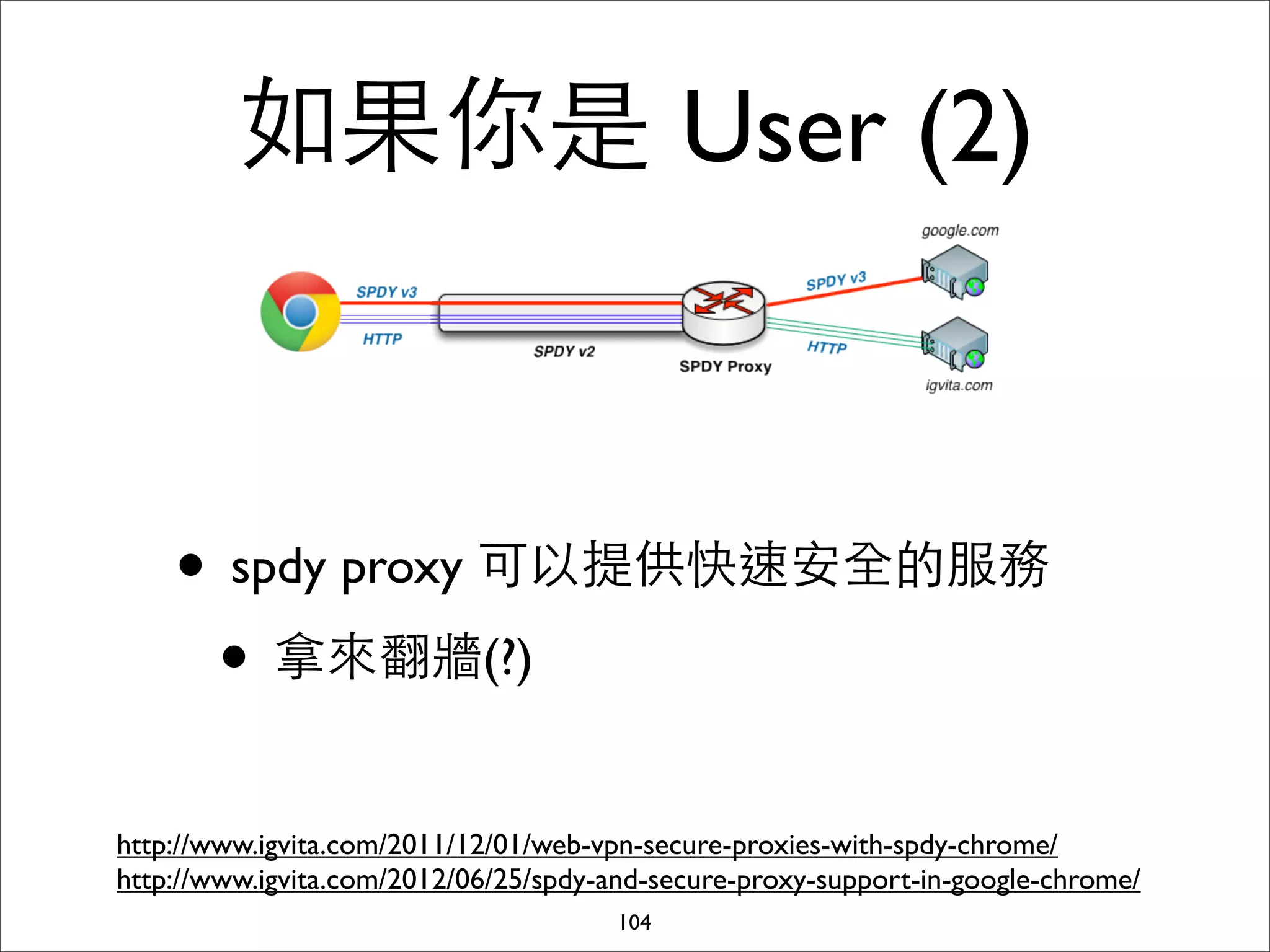 如果你是 User (2)



    • spdy proxy 可以提供快速安全的服務
     • 拿來翻牆(?)
http://www.igvita.com/2011/12/01/web-vpn-secure-proxies-with-spdy-chrome/
http://www.igvita.com/2012/06/25/spdy-and-secure-proxy-support-in-google-chrome/
                                       104
 