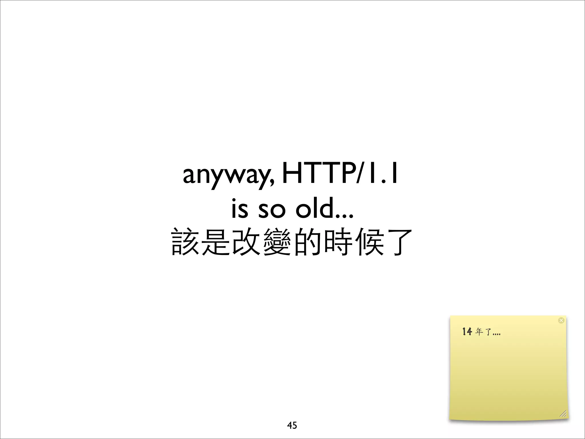 anyway, HTTP/1.1
   is so old...
該是改變的時候了




       45
 