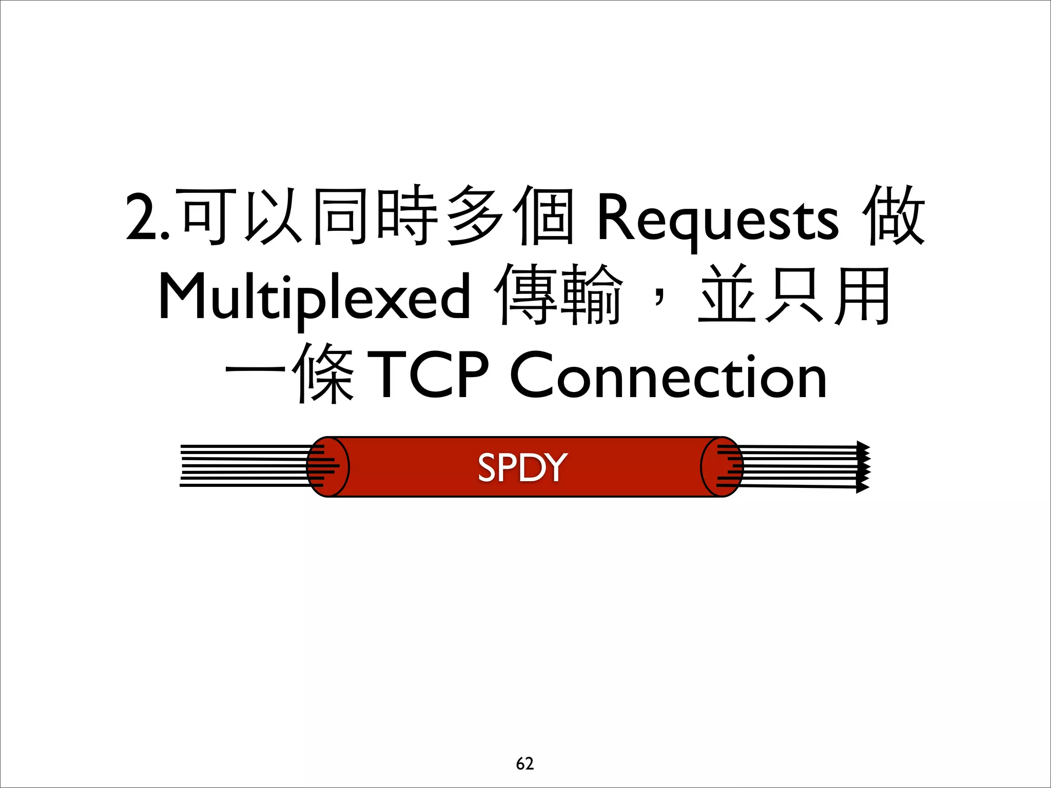 2.可以同時多個 Requests 做
 Multiplexed 傳輸，並只⽤用
   ⼀一條 TCP Connection
         SPDY




          62
 