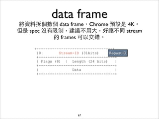 data frame
將資料拆個數個 data frame，Chrome 預設是 4K。
但是 spec 沒有限制，建議不⽤用⼤大，好讓不同 stream
          的 frames 可以交錯。
    +----------------------------------+
     |0|       Stream-ID (31bits)     Request ID
                                         |
     +----------------------------------+
     | Flags (8) | Length (24 bits)      |
     +----------------------------------+
     |               Data                |
     +----------------------------------+




                        67
 