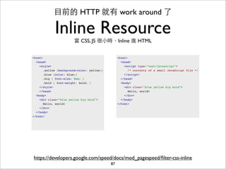 ⺫⽬目前的 HTTP 就有 work around 了

             Inline Resource
                        當 CSS, JS 很⼩小時，Inline 進 HTML


<html>                                           <html>
  <head>                                           <head>
    <style>                                          <script type="text/javascript">
      .yellow {background-color: yellow;}              /* contents of a small JavaScript file */
      .blue {color: blue;}                           </script>
      .big { font-size: 8em; }                     </head>
      .bold { font-weight: bold; }                 <body>
    </style>                                         <div class="blue yellow big bold">
    </head>                                            Hello, world!
  <body>                                             </div>
    <div class="blue yellow big bold">             </body>
      Hello, world!                              </html>
    </div>
  </body>
</html>




https://developers.google.com/speed/docs/mod_pagespeed/ﬁlter-css-inline
                                            87
 