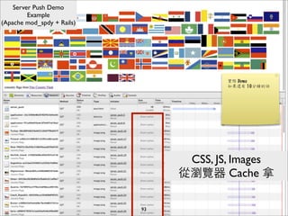 Server Push Demo
         Example
(Apache mod_spdy + Rails)




                                  CSS, JS, Images
                                 從瀏覽器 Cache 拿

                            93
 