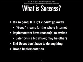 HTTP/2.0 @ HTTPbis Working Group 2012
http://tools.ietf.org/agenda/83/slides/slides-83-httpbis-6.pdf




                            101
 