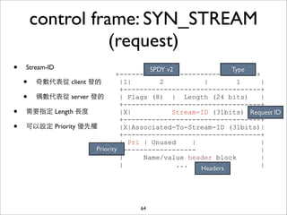 control frame: SYN_STREAM
                   (request)
•   Stream-ID                         SPDY v2               Type
                            +----------------------------------+
    •奇數代表從 client 發的          |1|        2           |       1     |
                              +----------------------------------+
    •偶數代表從 server 發的          | Flags (8) | Length (24 bits)       |
                              +----------------------------------+
•   需要指定 Length ⻑⾧長度          |X|            Stream-ID (31bits) Request ID
                                                                   |
                              +----------------------------------+
•   可以設定 Priority 優先權         |X|Associated-To-Stream-ID (31bits)|
                              +----------------------------------+
                              | Pri | Unused      |                |
                     Priority +------------------                  |
                              |     Name/value header block        |
                              |               ...                  |
                                                    Headers




                                   64
 