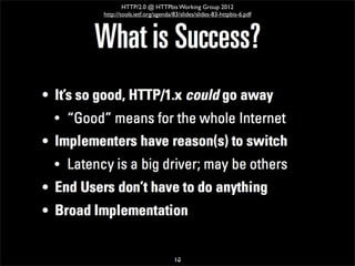 HTTP/2.0 @ HTTPbis Working Group 2012
http://tools.ietf.org/agenda/83/slides/slides-83-httpbis-6.pdf




                 ...