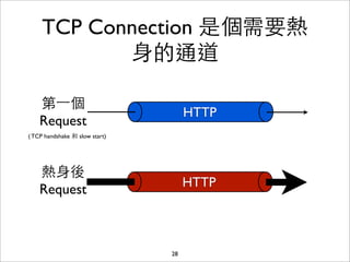 TCP Connection 是個需要熱
            ⾝身的通道

    第⼀一個
                                     HTTP
    Request
( TCP handshake 和 s...