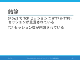 結論
SPDY/3 で TCP セッションに HTTP (HTTPS)
セッションが重畳されている
TCP セッション数が削減されている
2014/7/29 © 2014 Murachi Akira - CC BY-NC-ND - ネットワーク...